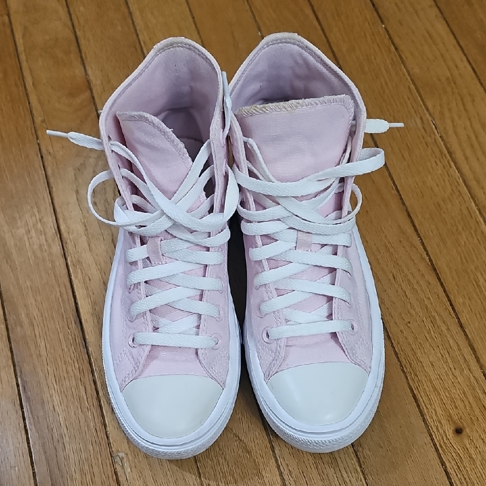 Converse Women's Pink High-Tops with Blue Accents - Picture 2 of 10